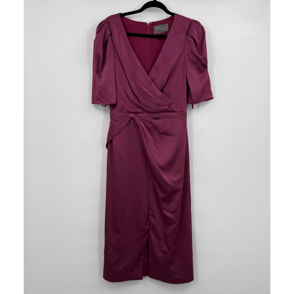 Theia Dress Womens 4 Purple Midi Wrap Satin V-Neck 3/4 Puff Sleeve Lined